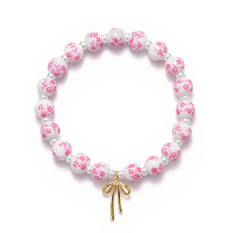 Agromusk Beads Bow Charm Bracelet for Women Pink Flower Vintage Bracelet Handmade Stretch Strand Beaded Bracelet Pink and White Decor Coquette Aesthetic Dainty Romantic Jewelry Gifts for Her (Pink with Pearl) - Image 1