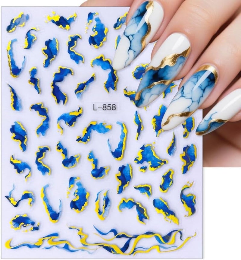 Maigitur 6Sheets Marble Nail Stickers Colorful Wave Line Nail Decals Hot Stamping Nail Designs Ribbon Nails Supplies 3D Self-Adhesive Ombre Gradient Gold Nails Art Stickers for Women DIY Manicure - Image 2