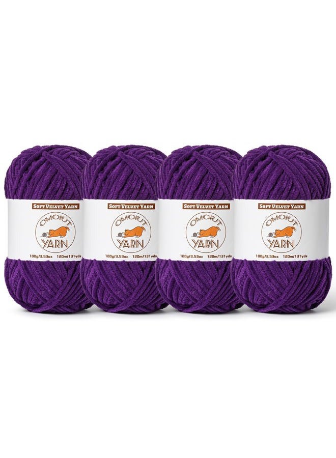 OMoiut 4 Pack Dark Purple Fluffy Velvet Yarn for Crocheting, Chunky Chenille Baby Blanket Yarn for Crochet, Soft Fuzzy Puzzle Yarn for Knitting, (100g/3.53oz Each) Bulky Thick Amigurumi Crochet Yarns - Image 1