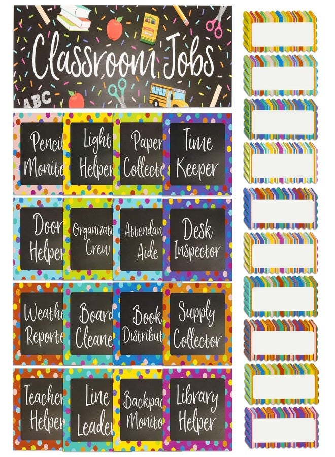 Juvale 67-Piece Bright Classroom Job Chart Set with Name Tags for Bulletin Board, Chalkboard Decorations, Teacher Supplies, Classroom Teaching Tool, Kids Education (16 Assorted Signs) - Image 1