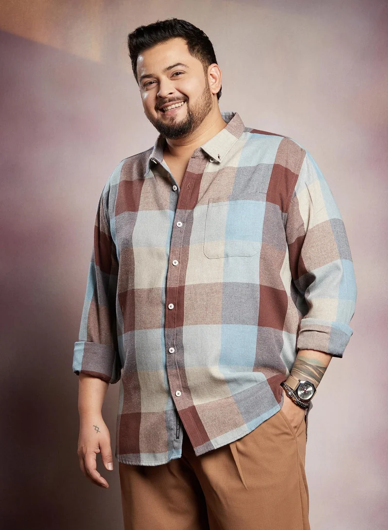Instafab Plus  Instafab Plus Men's Brown & Blue Buffalo-Block Regular Shirt For Casual Wear | Spread Collar | Long Cuffed Sleeves | Button Closure | Plus Size Shirt Crafted With Comfort Fit For Everyday Wear for Men | Best Price UAE