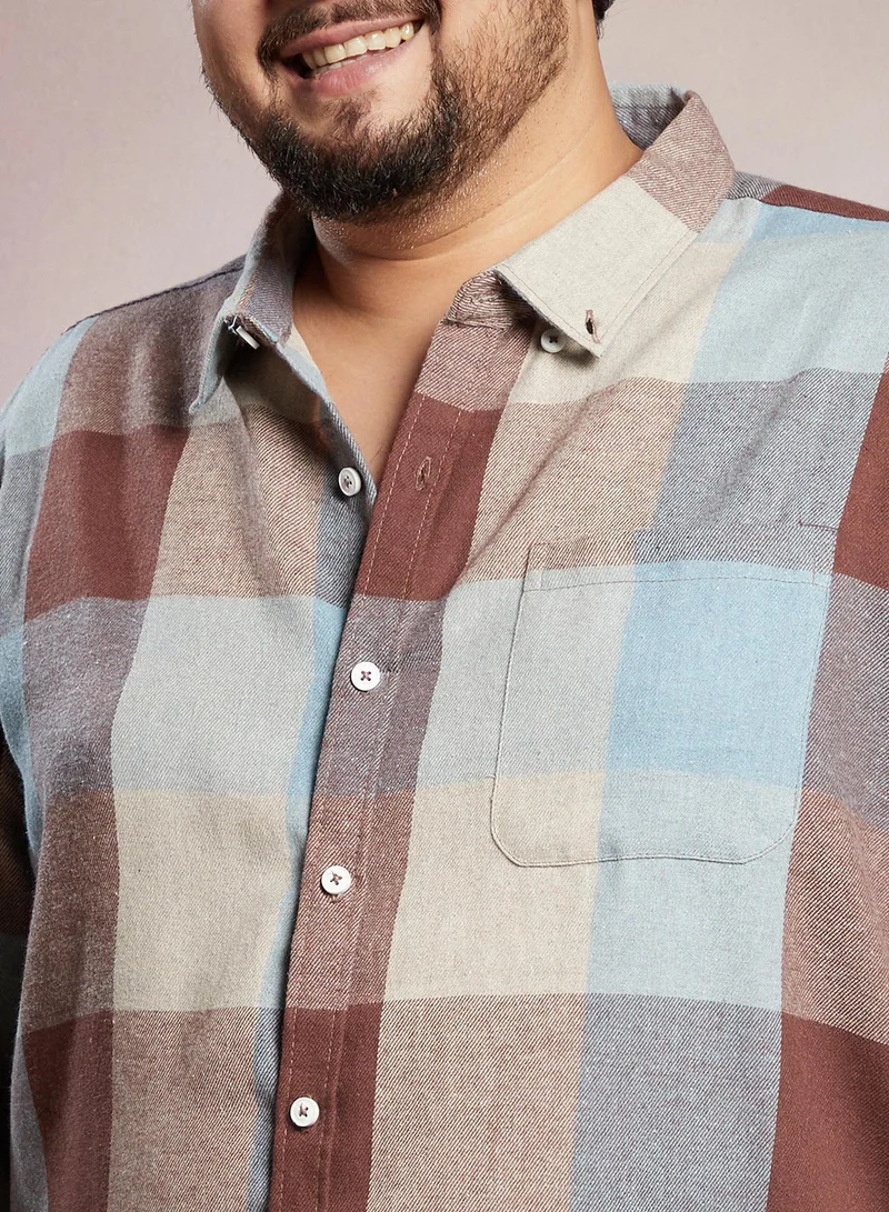 Instafab Plus  Instafab Plus Men's Brown & Blue Buffalo-Block Regular Shirt For Casual Wear | Spread Collar | Long Cuffed Sleeves | Button Closure | Plus Size Shirt Crafted With Comfort Fit For Everyday Wear for Men | Best Price UAE