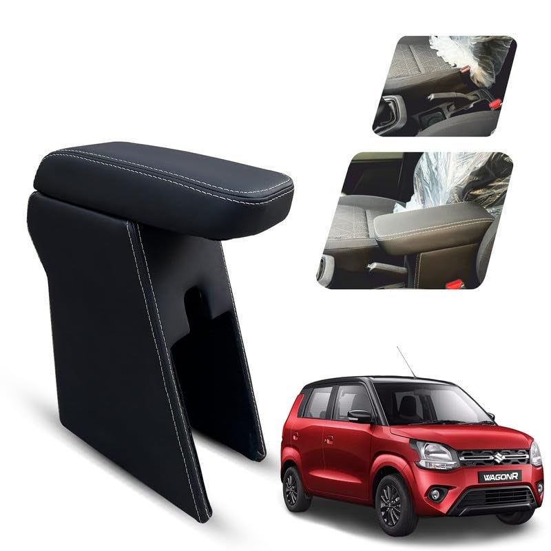Carigiri Premium Finish Car Armrest with Storage Box And High Density Moulded Foam For Maruti Suzuki WagonR (Models-2019-2024) (Black With White Double Stitching,Nappa Leatherette) - Image 1