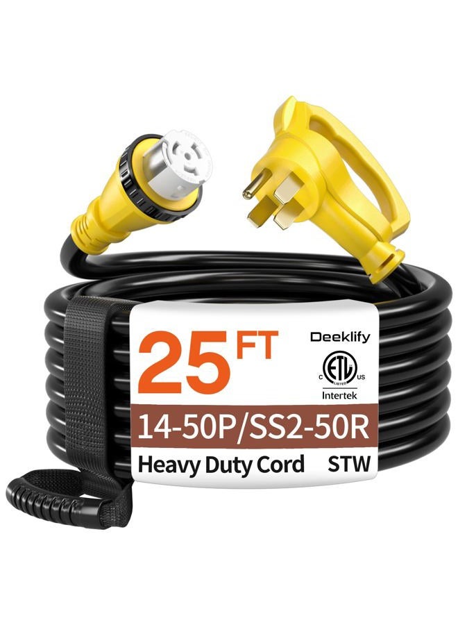 Deeklify 25FT 50 Amp Generator Cord, NEMA 14-50P/SS2-50R Heavy-Duty 4 Conductors Cable, Pure Copper STW RV Extension Cord, Female Plug with Twist Lock, Suitable for RV or Camper, ETL Listed - Image 1
