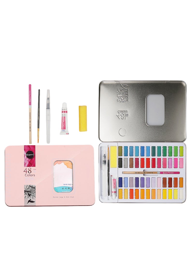 نوفولان مجموعة ألوان مائية صلبة مكونة من 48 لونًا، أدوات فنية، قلم حبر، 7 قطع، تحتوي على أقلام رصاص، فرش، أقلام حبر، إسفنجات، ورق ألوان مائية، سائل تبييض (وردي) - Image 1