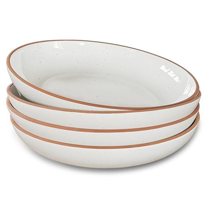 Mora Ceramic Large Pasta Bowls 30oz, Set of 4 - Serving, Salad, Dinner, etc Plate/Wide Bowl - Microwave, Oven, Dishwasher Safe Kitchen Dinnerware - Modern Porcelain Stoneware Dishes, Vanilla White