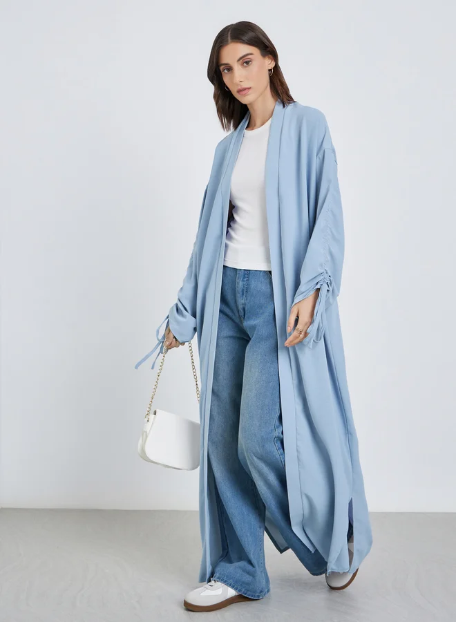 Take Two Take Two Solid Ruched Sleeve Front Open Kimono
