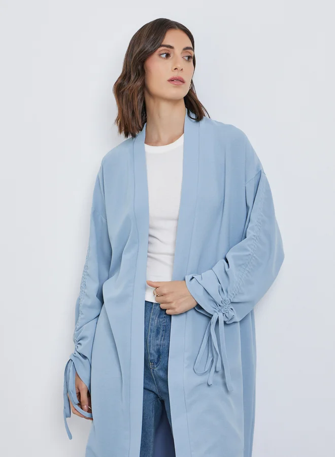 Take Two Take Two Solid Ruched Sleeve Front Open Kimono