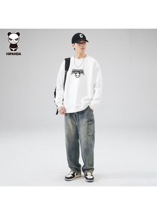 Hipanda Men's Sweatshirt, Autumn American Retro Trendy Brand, Round Neck, Hoodless, Versatile, Comfortable, Loose-fitting Top, White, 2XL - Image 2