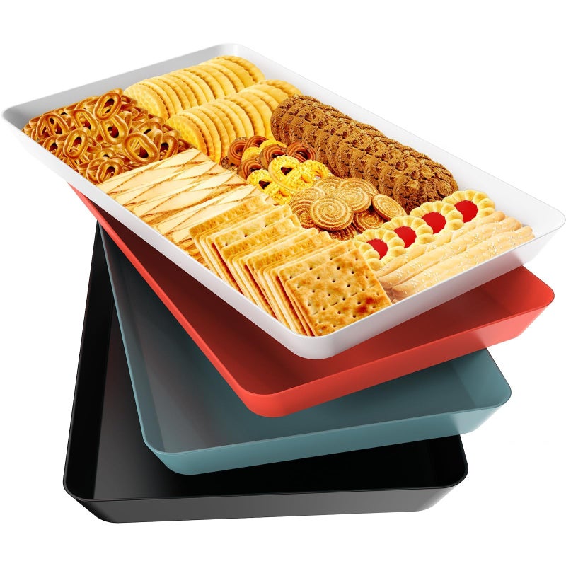 WOWBOX 4 pcs Serving Tray for Entertaining, Serving Platters for Snacks, Fruit, Cookies, Dessert, Reusable Plastic Trays for Serving Food, (White, Black, Green, Red) - Image 1