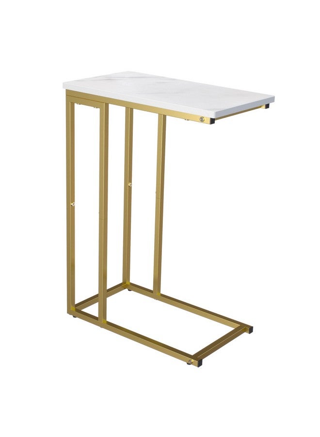 YUSONG Yusong C Shaped End Table, Couch Side Table That Slide Under Sofa Bed, Small Table for Small Spaces, Skinny Overbed Table for Coffee Drink Snack, Living Room, Gold and White Marbled Wooden Top  - Image 1