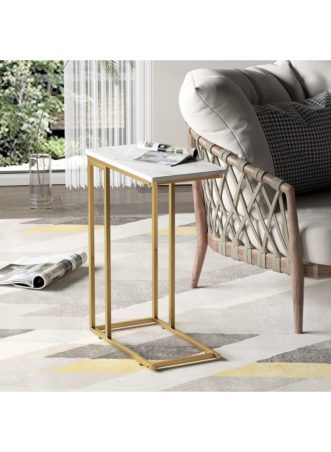 YUSONG Yusong C Shaped End Table, Couch Side Table That Slide Under Sofa Bed, Small Table for Small Spaces, Skinny Overbed Table for Coffee Drink Snack, Living Room, Gold and White Marbled Wooden Top  - Image 2
