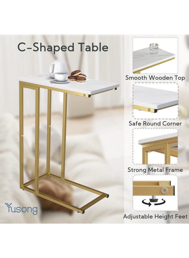 YUSONG Yusong C Shaped End Table, Couch Side Table That Slide Under Sofa Bed, Small Table for Small Spaces, Skinny Overbed Table for Coffee Drink Snack, Living Room, Gold and White Marbled Wooden Top  - Image 5