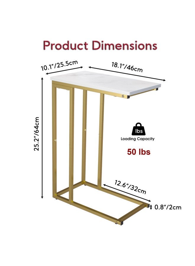 YUSONG Yusong C Shaped End Table, Couch Side Table That Slide Under Sofa Bed, Small Table for Small Spaces, Skinny Overbed Table for Coffee Drink Snack, Living Room, Gold and White Marbled Wooden Top  - Image 3