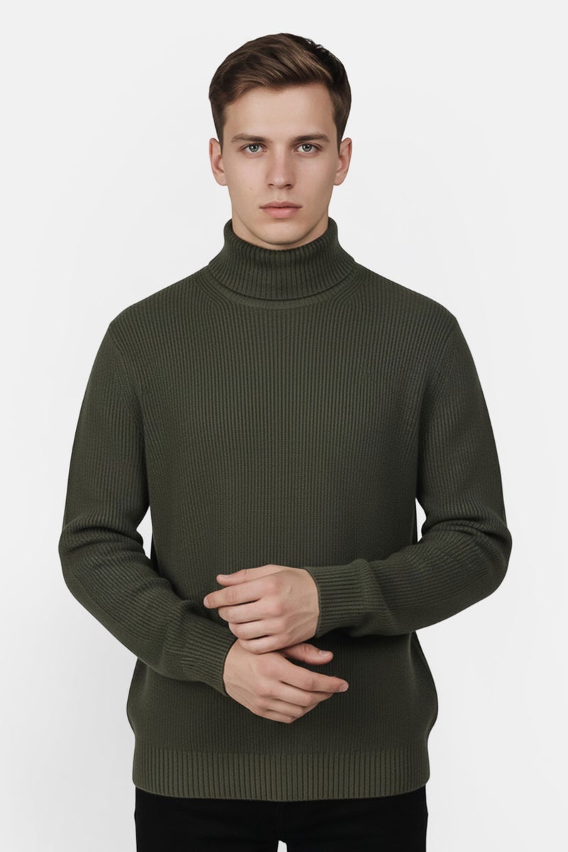 Celio Men Turtle Neck Textured Sweater, Khaki - Image 1