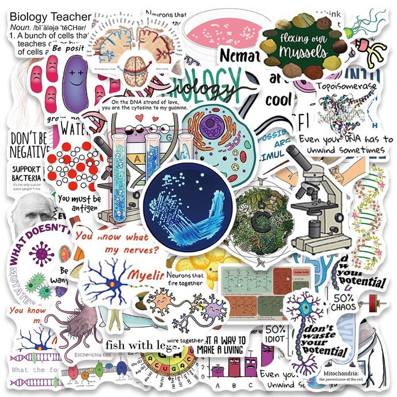 ملصقات البيولوجيا 50 قطعة ملصقات العلوم البيولوجية مقاومة للماء من الفينيل لزجاجات الماء والدراجات واللابتوب والثلاجات والأمتعة والكمبيوتر والهاتف المحمول وزينة لوح التزلج والدراجة