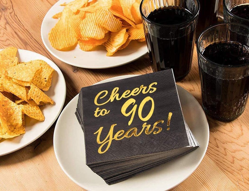 Sllyfo 90th Birthday Decorations for Men Women Party Supplies Cocktail Napkins Black 50 Pack,5"x 5" Folded,Cheers to 90 Years! (90) - Image 2