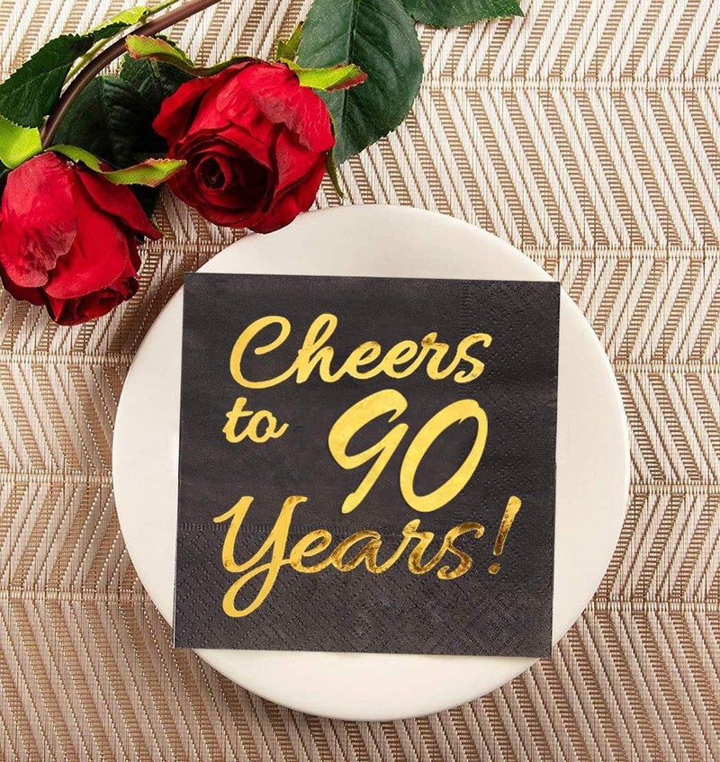 Sllyfo 90th Birthday Decorations for Men Women Party Supplies Cocktail Napkins Black 50 Pack,5"x 5" Folded,Cheers to 90 Years! (90) - Image 3