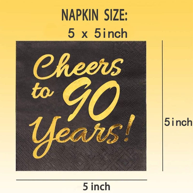 Sllyfo 90th Birthday Decorations for Men Women Party Supplies Cocktail Napkins Black 50 Pack,5"x 5" Folded,Cheers to 90 Years! (90) - Image 1