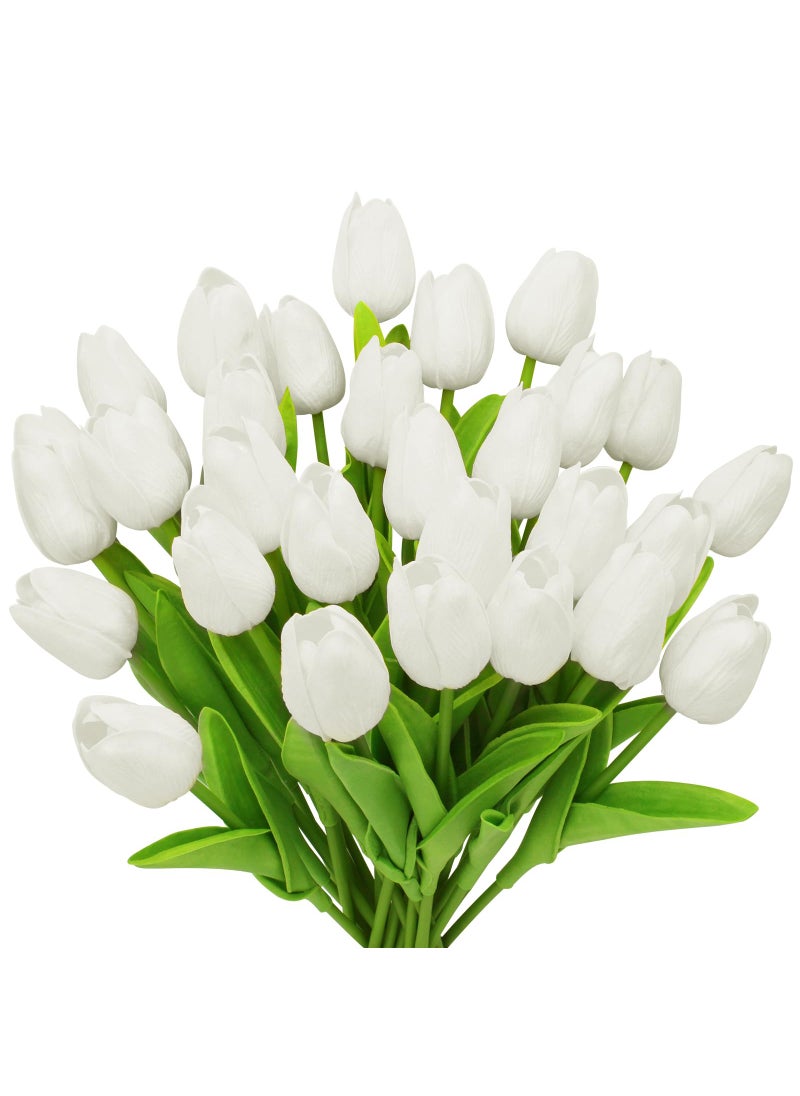 Pseutio 28pcs White Flowers Artificial Tulip Stems Real Feel PU Tulips for Easter Spring Wreath Wedding Bouquet Centerpiece Floral Arrangement Cemetery Table D?cor 13"" Tall  - Image 1