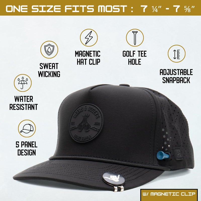 BRIMZ Golf Performance Hat - Breathable Sweat & Water Resistant Golfing Snapback Cap with Tee Holder & Magnetic Ball Marker (Black - Beers & Bogeys) - Image 2