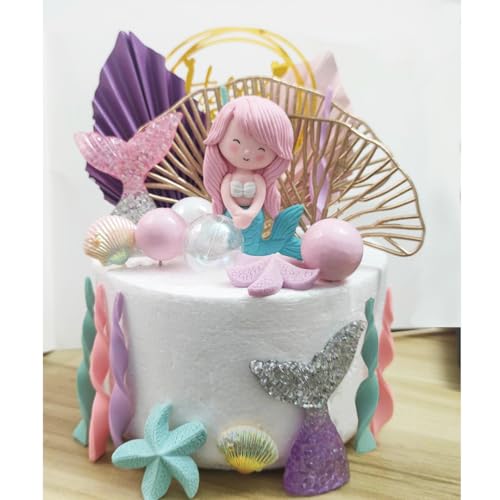 DiDida Mermaid Cake Topper Under The Sea Cake Toppers set with Little Mermaid Seaweed Bubble Golden Leaves for Mermaid Birthday - Image 4