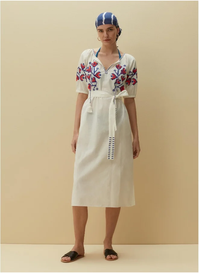 او في اس Ovs Piombo Midi Dress With Ethnic Embroidery