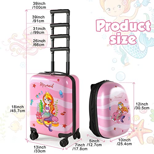 Weewooday Kids Luggage and Backpack 18" Suitcase with Spinner Wheel Hard Case Travel 13" Backpack Girl Suitcase Set for Kids Travel Supplies(Pink,Mermaid Style) - Image 2