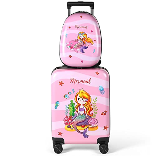 Weewooday Kids Luggage and Backpack 18" Suitcase with Spinner Wheel Hard Case Travel 13" Backpack Girl Suitcase Set for Kids Travel Supplies(Pink,Mermaid Style) - Image 1