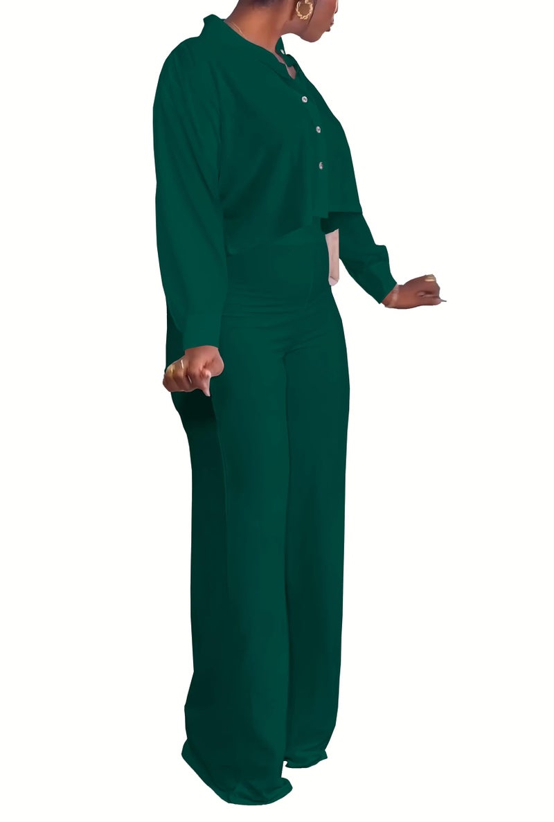 HBQ Women's 2 Piece Outfits Casual Tracksuit Long Sleeve Button Down Crop Top Wide Leg Long Pant Lounge Sets-XXL-Blue Green - Image 3