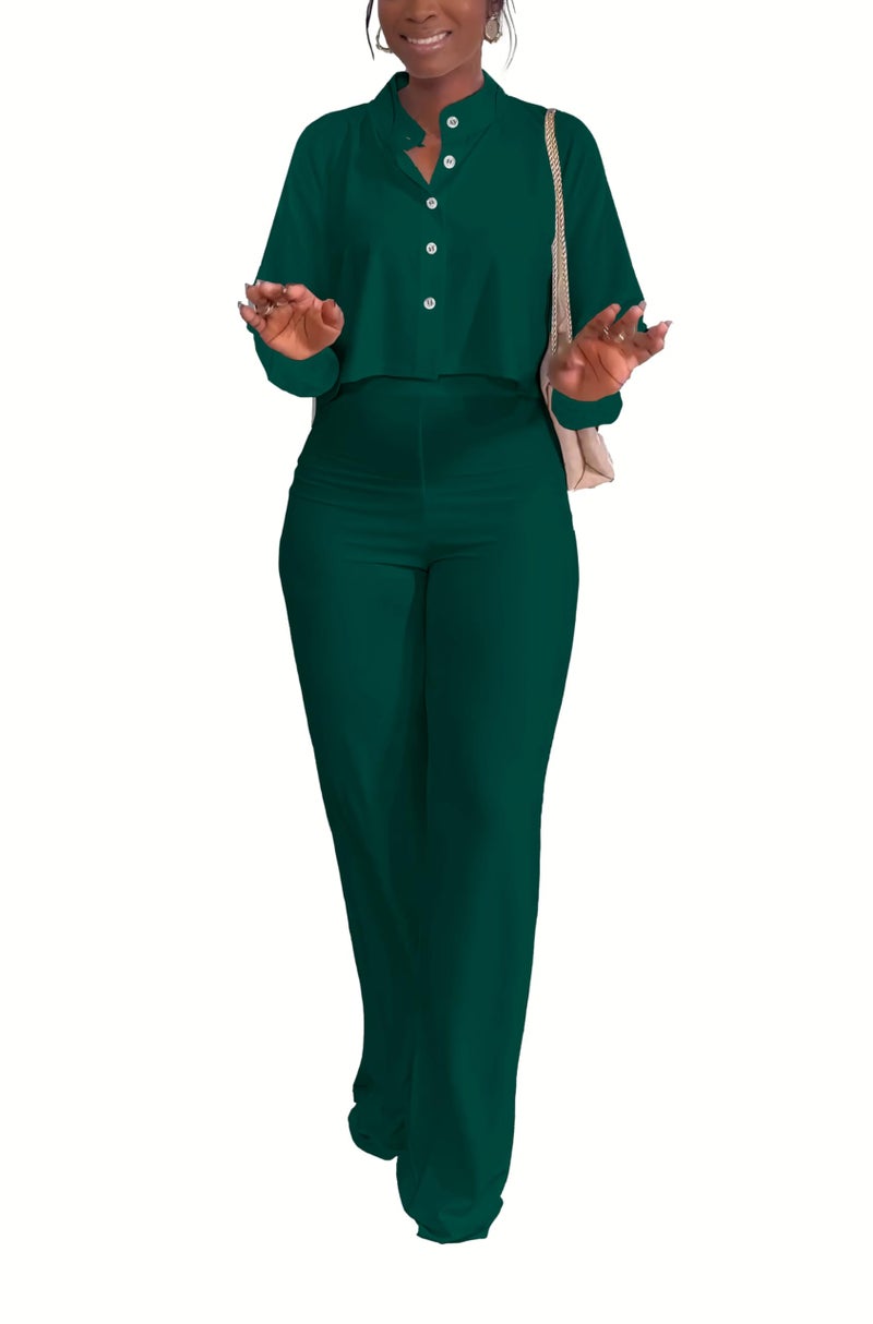 HBQ Women's 2 Piece Outfits Casual Tracksuit Long Sleeve Button Down Crop Top Wide Leg Long Pant Lounge Sets-XXL-Blue Green - Image 4