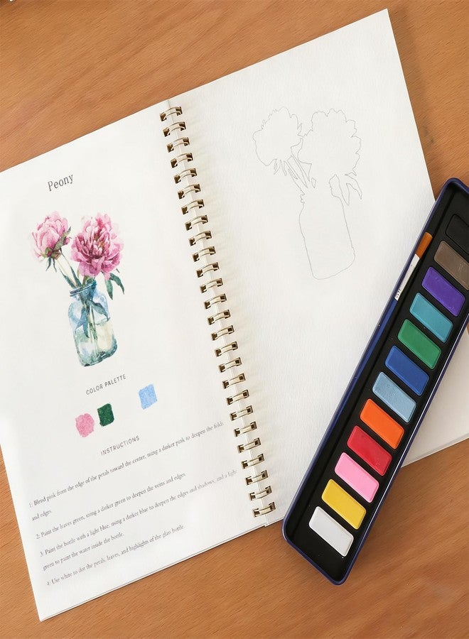 DPWCVM Beginner Watercolor Painting Kit Watercolor Workbook Coloring Book 12 Colors Paint Set with Brush, Easily Master Beginner Friendly Watercolor Paint Set Gift for Adults Teens. (Flowers) - Image 3