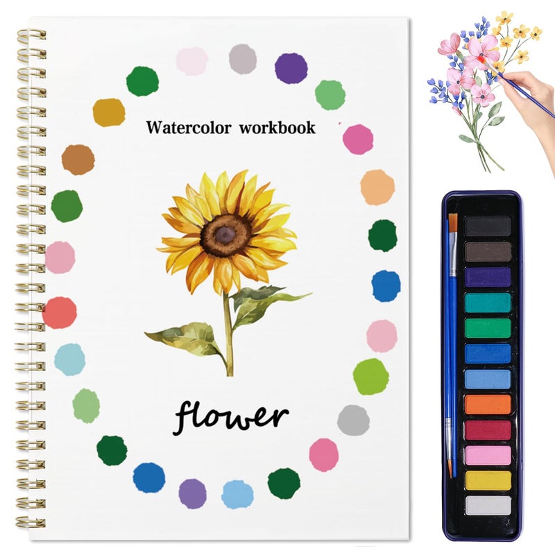 DPWCVM Beginner Watercolor Painting Kit Watercolor Workbook Coloring Book 12 Colors Paint Set with Brush, Easily Master Beginner Friendly Watercolor Paint Set Gift for Adults Teens. (Flowers) - Image 1