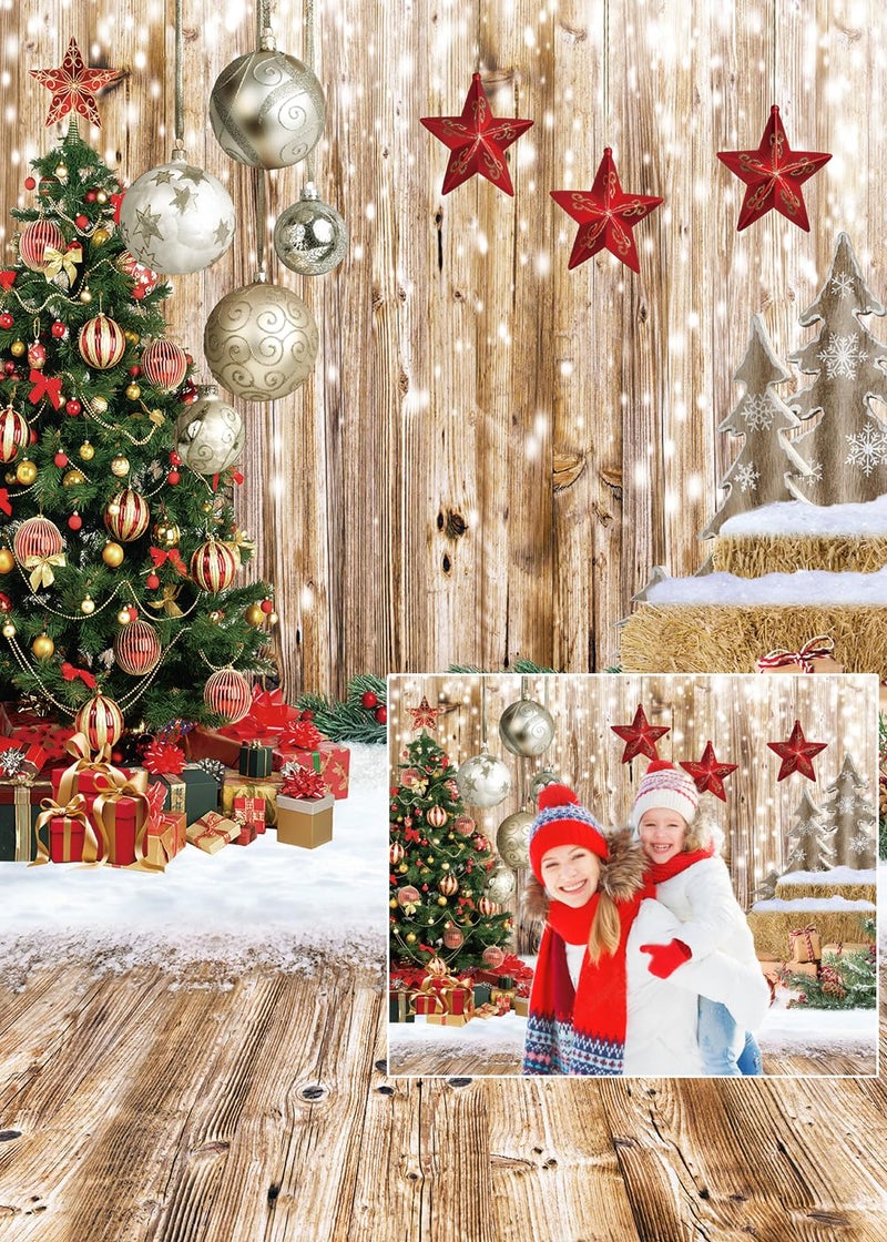 CHAIYA 5X7FT Christmas Backdrop Wood Floor Backdrop Winter Snow Xmas Tree Gift Christmas Family Party Background New Year Party Decoration Banner - Image 1