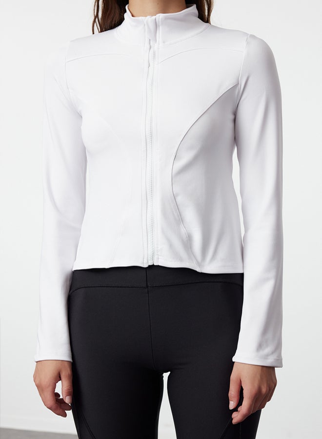 trendyol White Body-fitting Zippered Stand Collar Knitted Sports Jacket/Sweatshirt - Image 4