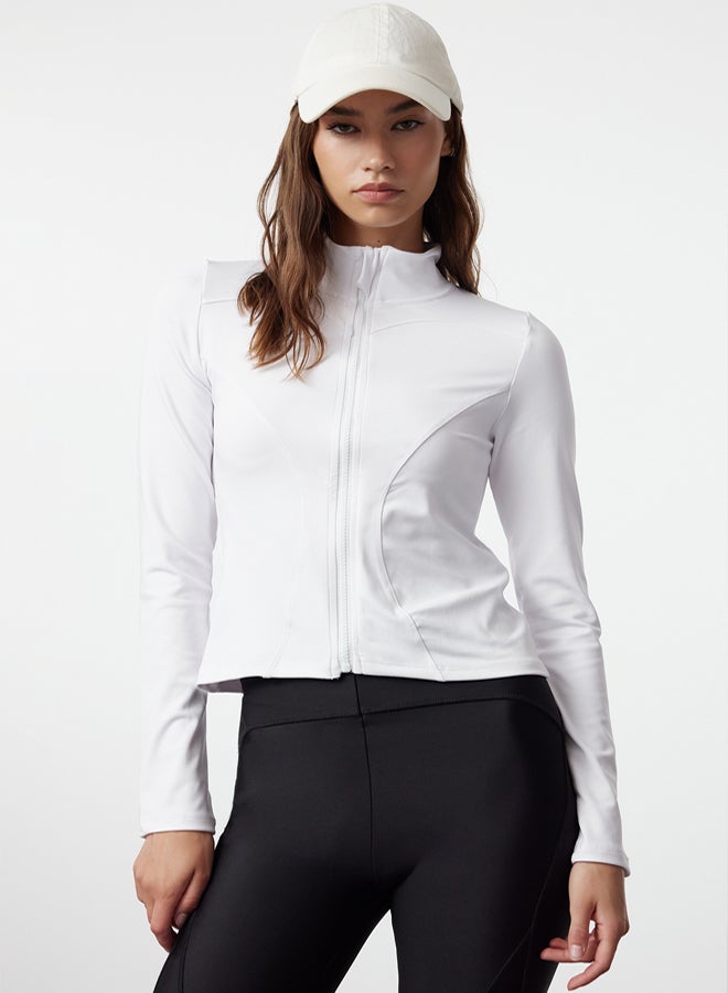trendyol White Body-fitting Zippered Stand Collar Knitted Sports Jacket/Sweatshirt - Image 1