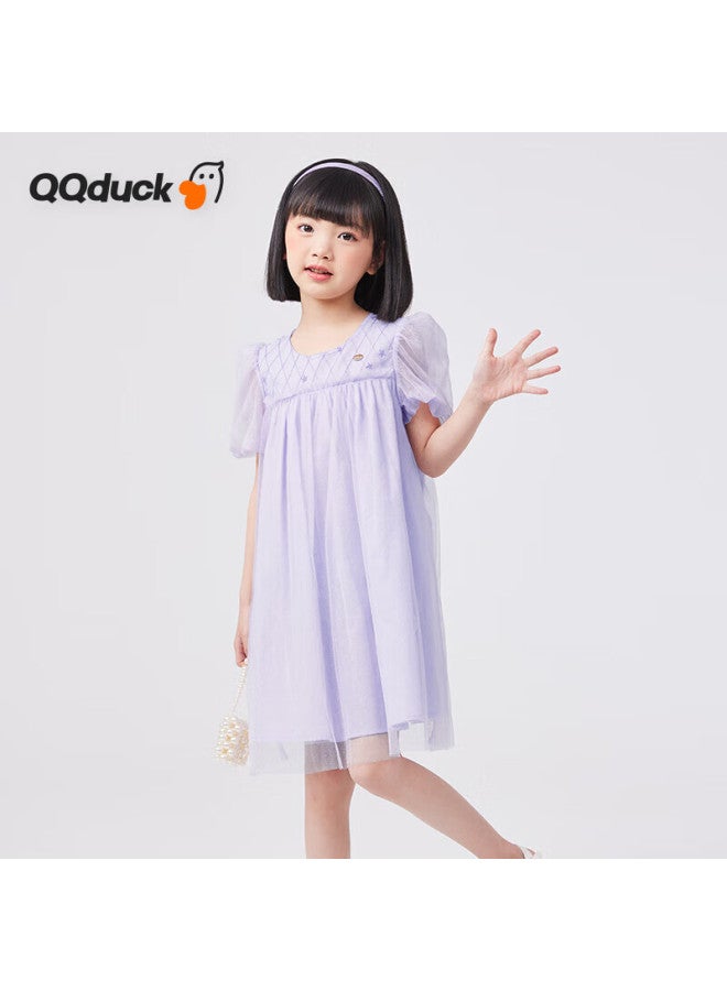 Qq Duck Girls' Dress, Children's Summer Dress, Youth Princess Tulle Skirt, Star Pattern Dress, Purple; 140 - Image 1