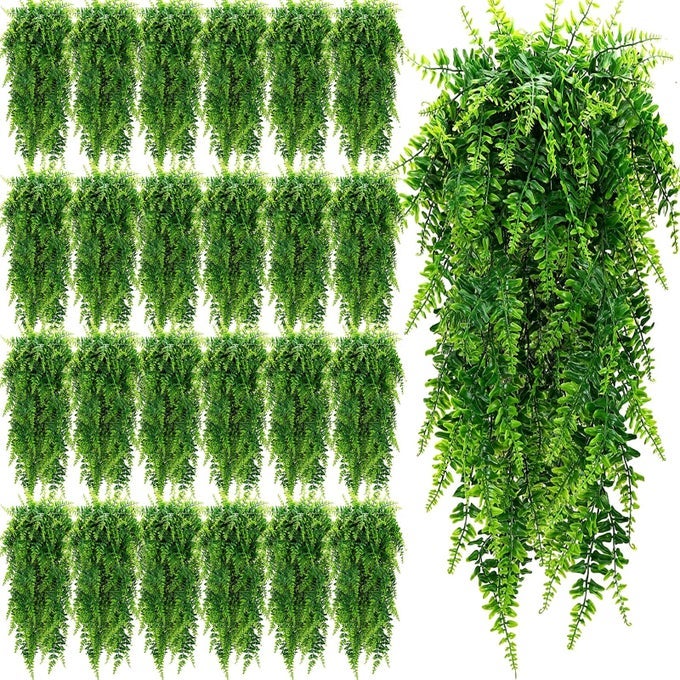 28 PCS ARTIFICIAL HANGING PLANTS 32 INCH PLASTIC FERN VINE FAKE GREENERY PLANT FAUX EUCALYPTUS VINE FOR WALL ROOM WEDDING INDOOR OUTDOOR DECOR NO BASKETS BOSTON FERN