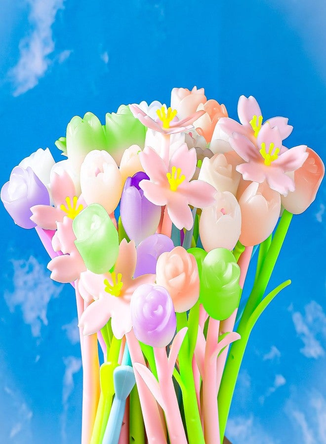 Lemecima 60 Pieces Color Changing Flower Ballpoint Pens End of Gifts Pens Bulk 0.5mm Tulip Rose Floral Gel Ink Rollerball Pen for Gifts Home Office - Image 1