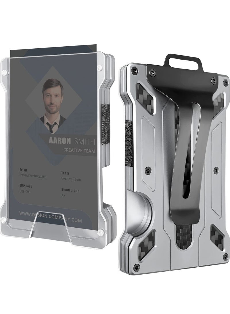 Wallet For Men Slim Aluminum Metal Money Clip with Transparent Work RFID Metal Wallet Work ID Card Holder Business Card Holder with Clear Window Badge Clip Cash Slim Minimalist Wallet (Moon Silver) - Image 1