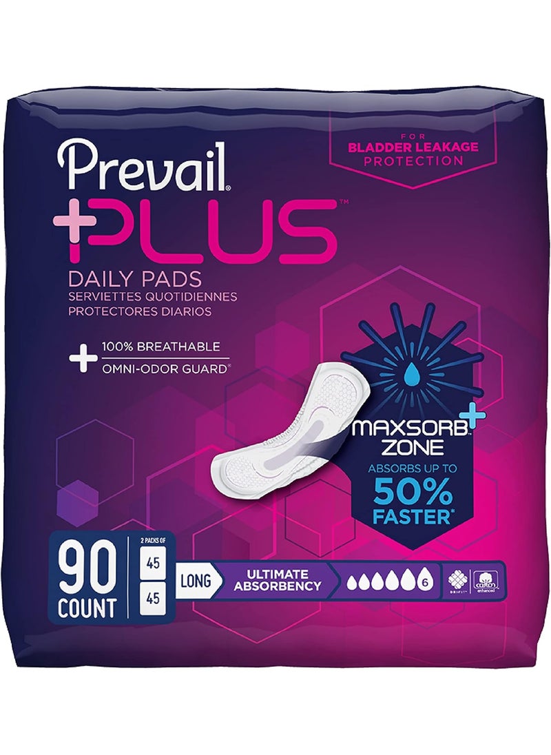 Prevail Prevail Plus | Long Length Incontinence Bladder Control Pads | Ultimate Absorbency | 90 Count (2 packs or 45) 