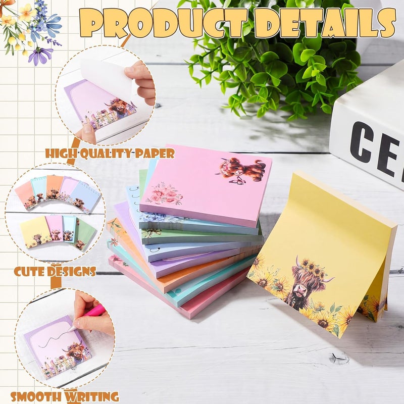 Saypacck 9 Pads Highland Cow Sticky Notes 3x3 Inch Cute Self Stick Notepads Notes Adhesive Memo Pad Office Decor Gifts for Students School Teacher Meeting Office Supplies - Image 3