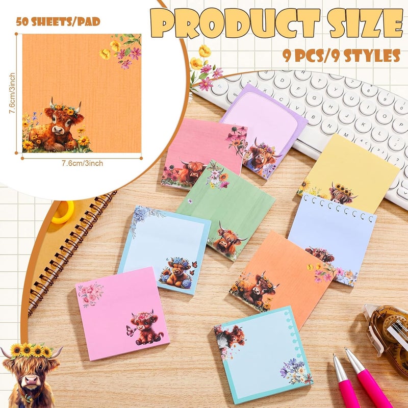 Saypacck 9 Pads Highland Cow Sticky Notes 3x3 Inch Cute Self Stick Notepads Notes Adhesive Memo Pad Office Decor Gifts for Students School Teacher Meeting Office Supplies - Image 2