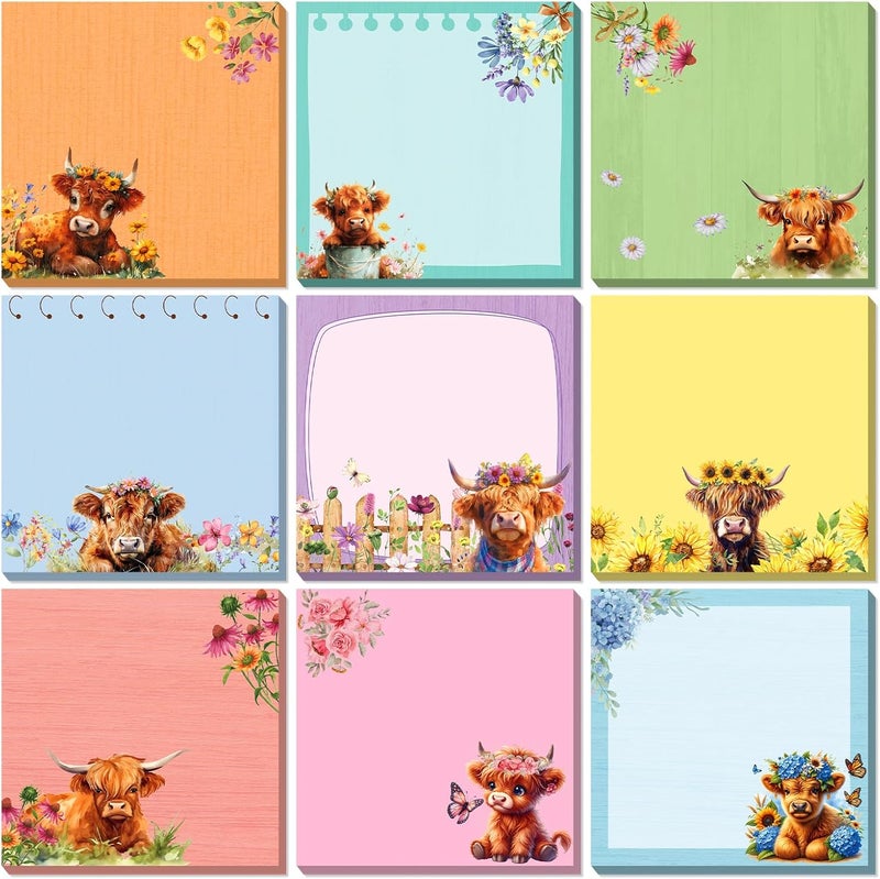 Saypacck 9 Pads Highland Cow Sticky Notes 3x3 Inch Cute Self Stick Notepads Notes Adhesive Memo Pad Office Decor Gifts for Students School Teacher Meeting Office Supplies - Image 1
