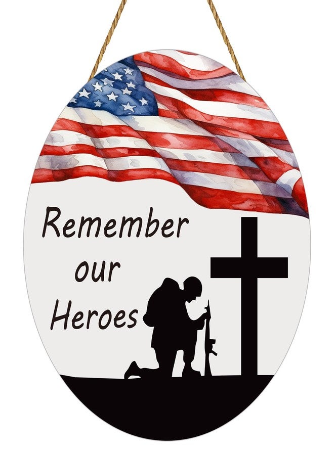 YUNKKIN Memorial Day Decorations Patriotic Wreath American Soldier Remember Our Heroes Hanging Sign Flag Memorial Day Wreath Wooden Front Door Hanger 4th of July Decorations for Porch Wall Indoor Home Decor - Image 1