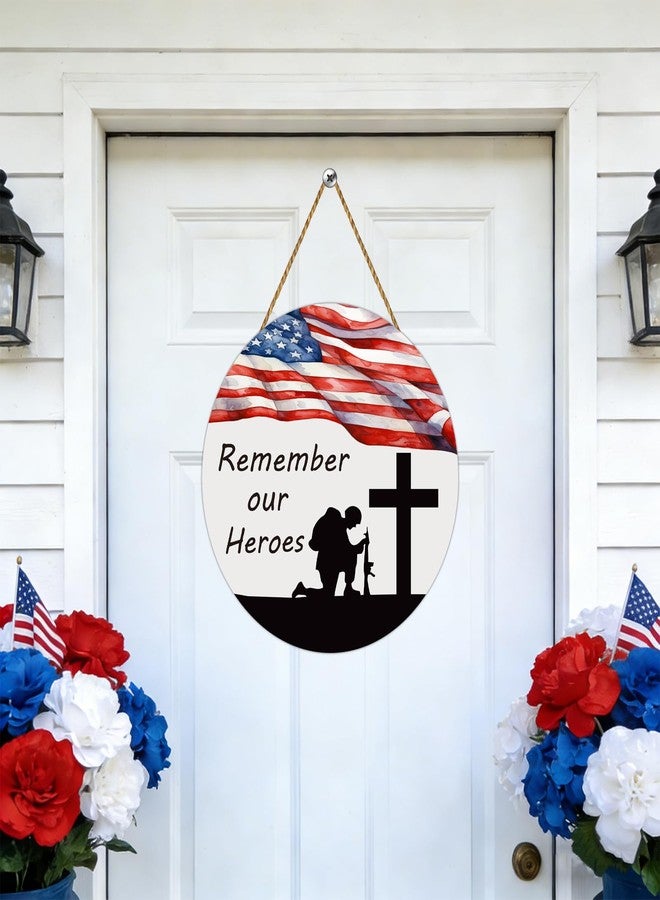 YUNKKIN Memorial Day Decorations Patriotic Wreath American Soldier Remember Our Heroes Hanging Sign Flag Memorial Day Wreath Wooden Front Door Hanger 4th of July Decorations for Porch Wall Indoor Home Decor - Image 3
