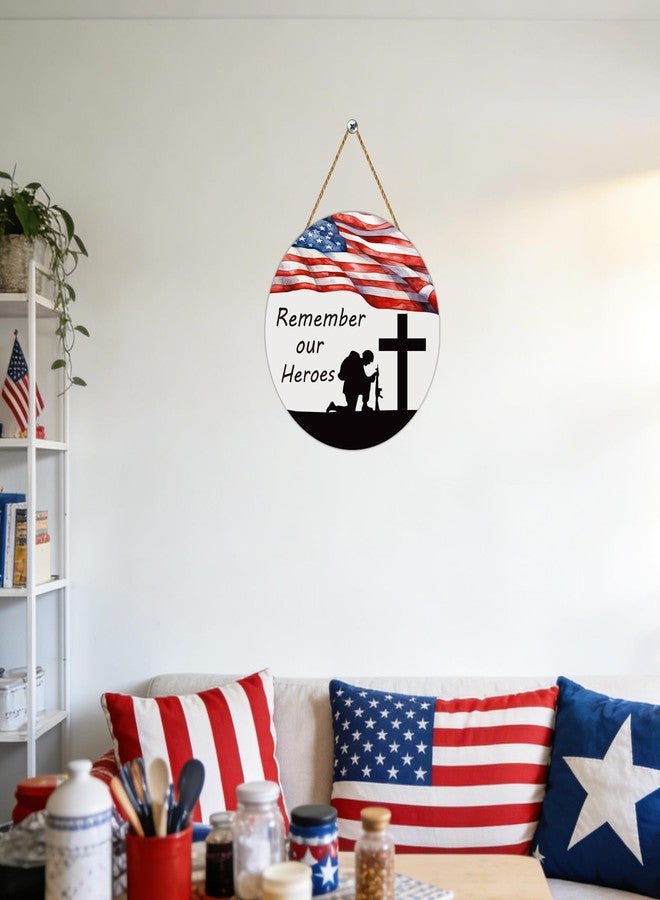 YUNKKIN Memorial Day Decorations Patriotic Wreath American Soldier Remember Our Heroes Hanging Sign Flag Memorial Day Wreath Wooden Front Door Hanger 4th of July Decorations for Porch Wall Indoor Home Decor - Image 4