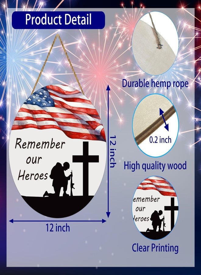 YUNKKIN Memorial Day Decorations Patriotic Wreath American Soldier Remember Our Heroes Hanging Sign Flag Memorial Day Wreath Wooden Front Door Hanger 4th of July Decorations for Porch Wall Indoor Home Decor - Image 2