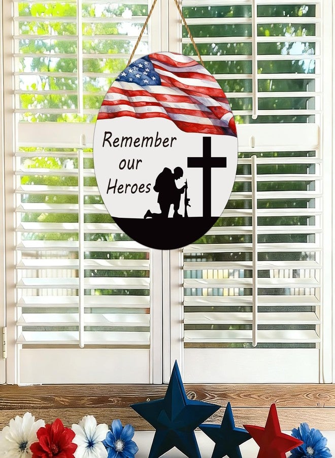 YUNKKIN Memorial Day Decorations Patriotic Wreath American Soldier Remember Our Heroes Hanging Sign Flag Memorial Day Wreath Wooden Front Door Hanger 4th of July Decorations for Porch Wall Indoor Home Decor - Image 5