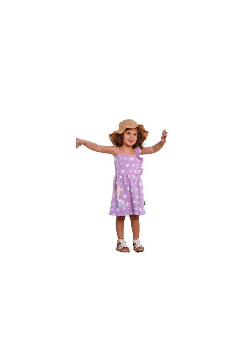 A girl's dress with a purple color, with a star pattern on it 